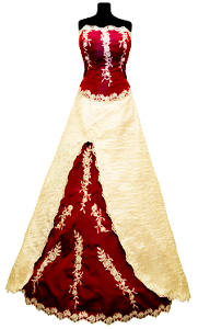 Elegancka suknia z szantungu jedwabnego w kolorze ciemnej czerwieni z haftem
